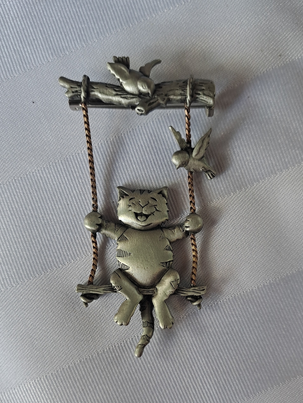 Silver-Tone Cat on Swing Brooch with Birds - Women Jewelry Brooches